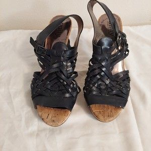 UNITY by Carlos Santana Strappy Santeria Cork Black Platform Heels Leather 9.5M